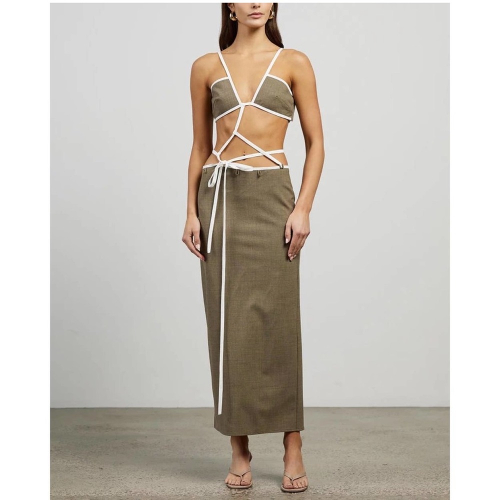 CHRISTOPHER ESBER Outline Cross Bandeau Tie Dress Khaki And White